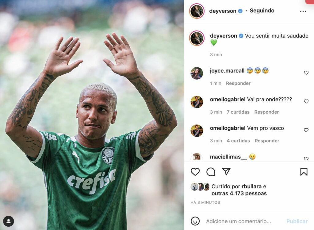 Deyverson posta mensagem em tom de despedida do Palmeiras: “Vou sentir muita saudade”